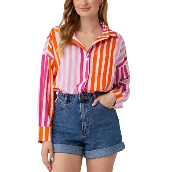 Beach Riot Alexa Pink Orange Swimsuit Cover Up Top Sunset Stripes Large XL NWOT - Picture 2 of 7